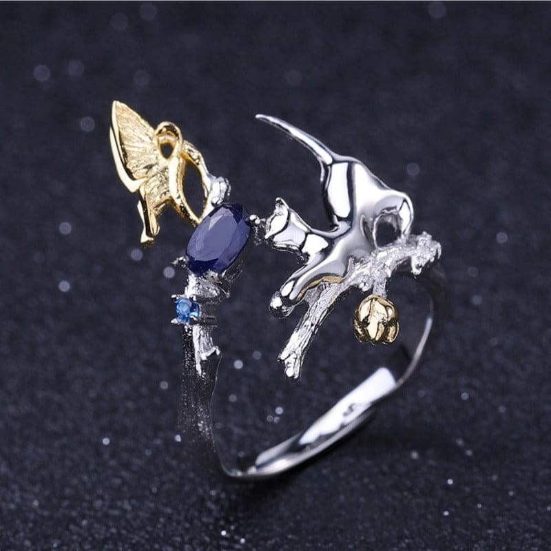 Gold Plated Cat and Butterfly Ring with Blue Sapphire Gemstones-Cat and Butterfly Ring-3-Colydia