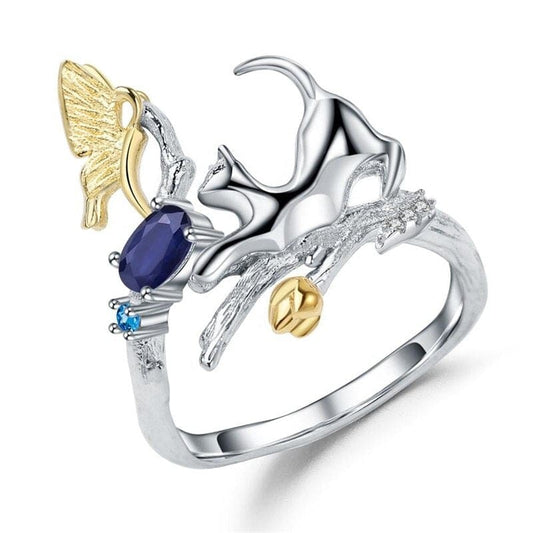 Gold Plated Cat and Butterfly Ring with Blue Sapphire Gemstones-Cat and Butterfly Ring-1-Colydia