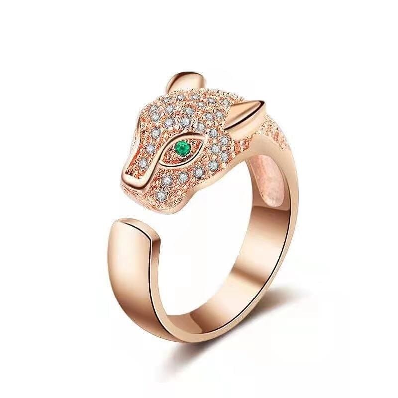 Elegant Leopard Cat Ring with Green Zircon Eyes, Adjustable Fit-Cat-themed Fashion Ring-Copper-2-Colydia