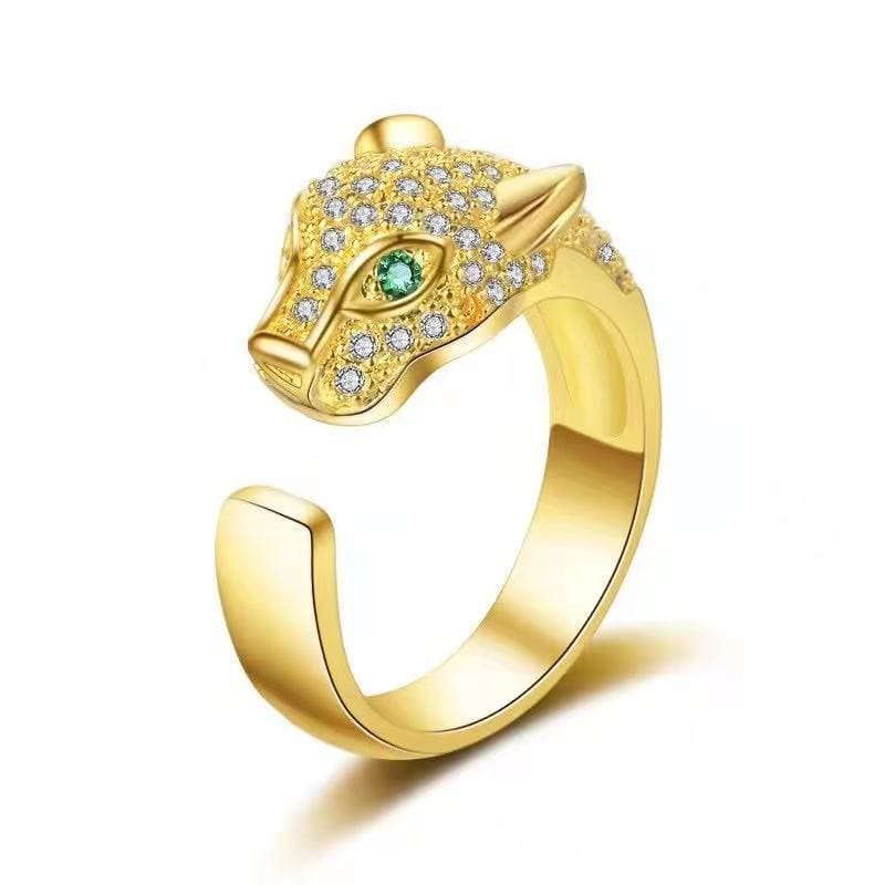 Elegant Leopard Cat Ring with Green Zircon Eyes, Adjustable Fit-Cat-themed Fashion Ring-Gold-3-Colydia