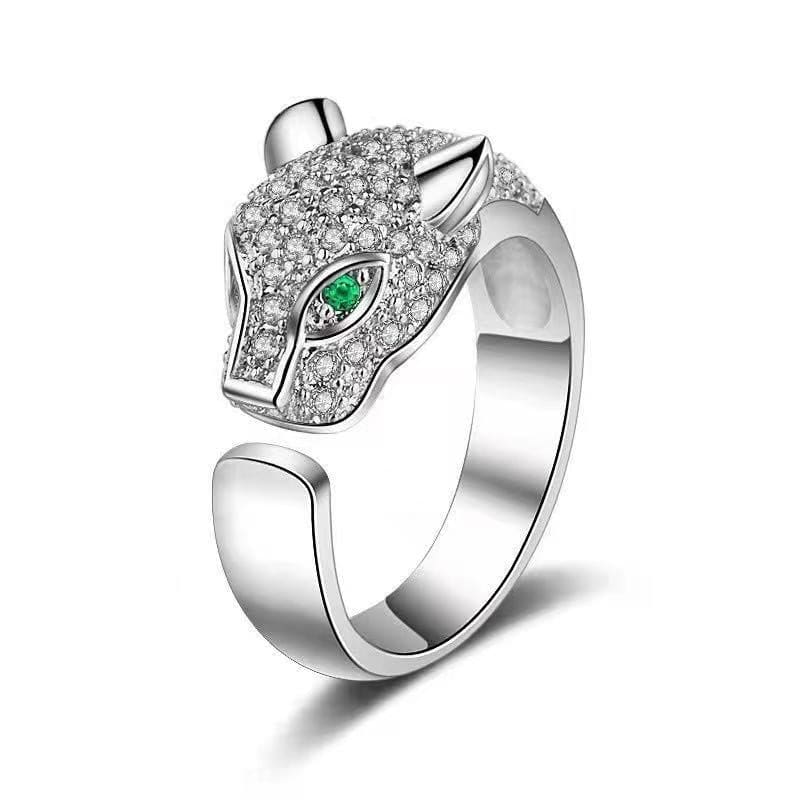 Elegant Leopard Cat Ring with Green Zircon Eyes, Adjustable Fit-Cat-themed Fashion Ring-Silver-1-Colydia