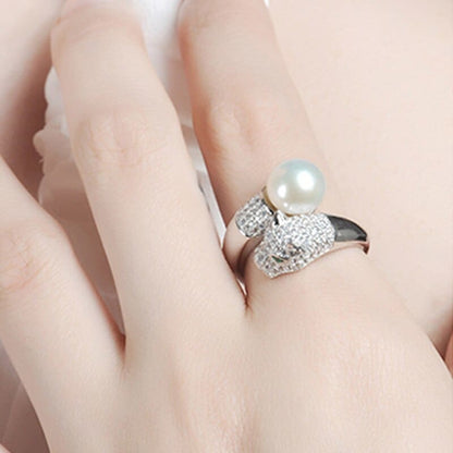 Elegant Leopard Cat Ring with Freshwater Pearl in Silver-Product Type: Fashion Ring-10-Colydia