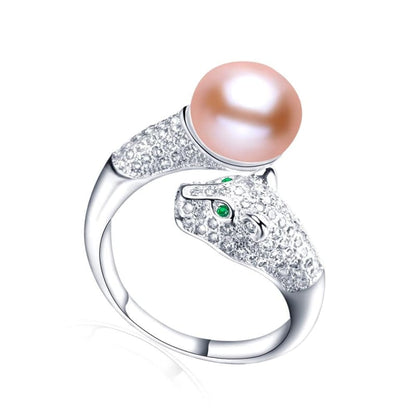 Elegant Leopard Cat Ring with Freshwater Pearl in Silver-Product Type: Fashion Ring-Pink-6-Colydia