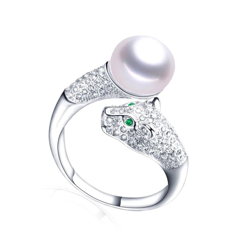 Elegant Leopard Cat Ring with Freshwater Pearl in Silver-Product Type: Fashion Ring-White-4-Colydia