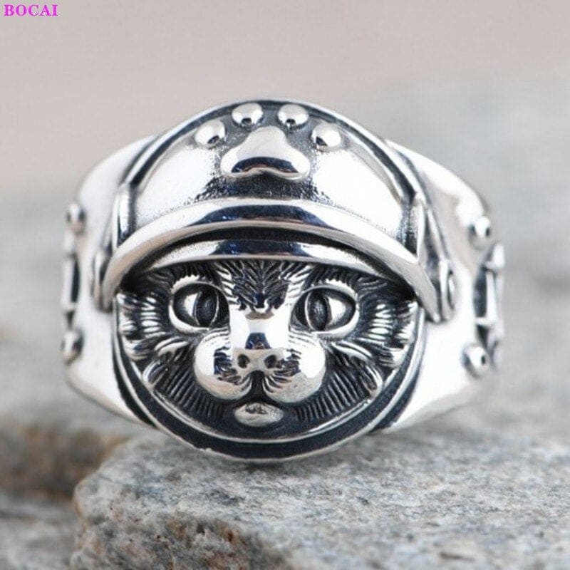 Sterling Silver Astronaut Cat Ring - Adjustable Unisex Jewelry-Adjustable Cat Ring-2-Colydia