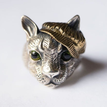 Adjustable Antique Silver Cat Head Signet Ring with Blue/Green Eyes-Cat Head Signet Ring-Adjustable-Emerald Green-5-Colydia