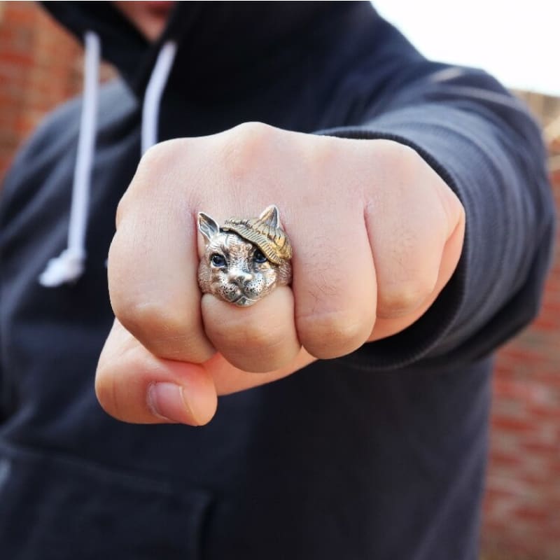 Adjustable Antique Silver Cat Head Signet Ring with Blue/Green Eyes-Cat Head Signet Ring-2-Colydia