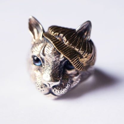 Adjustable Antique Silver Cat Head Signet Ring with Blue/Green Eyes-Cat Head Signet Ring-Adjustable-Topaz Blue-4-Colydia