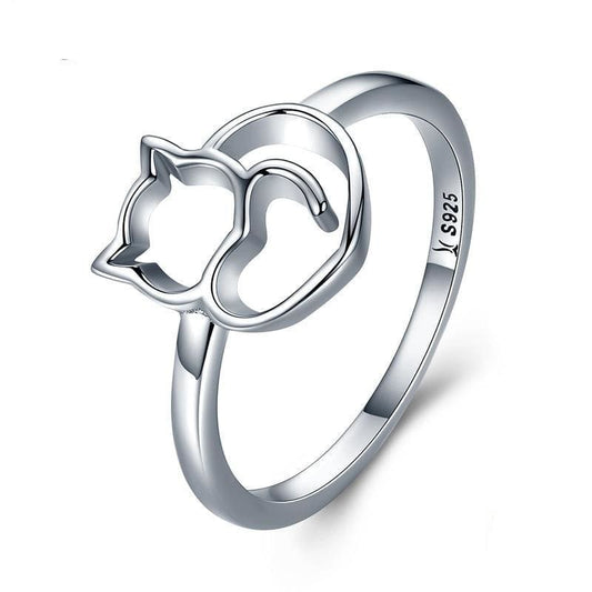 Silver Cat Heart Ring for Women - 925 Silver, Custom Size & Design-Cat-themed Silver Ring-1-Colydia