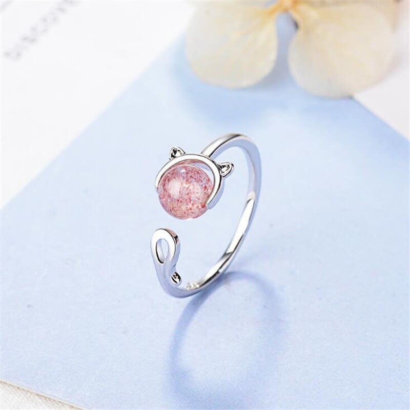 Adjustable 925 Silver Ring with Pink Cat's Eye Agate Pearl-Adjustable Silver Ring-4-Colydia