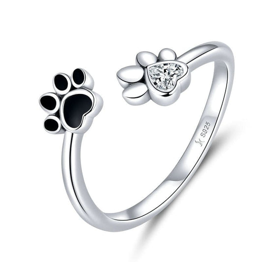 Yin Yang Cat Paw Adjustable Silver Ring with Black Enamel & Zircon-Adjustable Silver Cat Paw Ring-1-Colydia