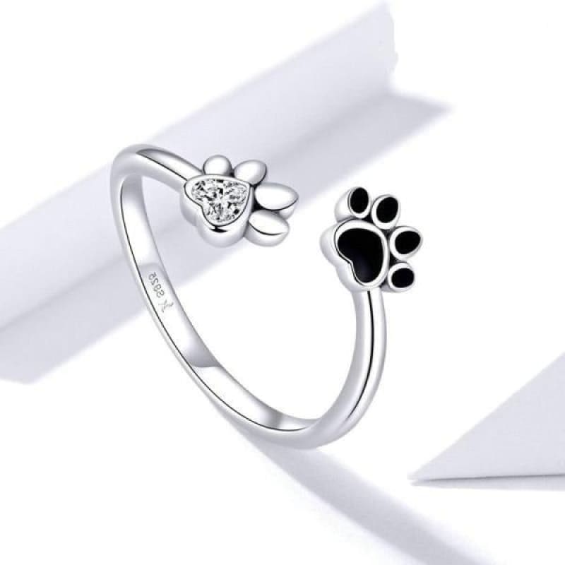 Yin Yang Cat Paw Adjustable Silver Ring with Black Enamel & Zircon-Adjustable Silver Cat Paw Ring-3-Colydia