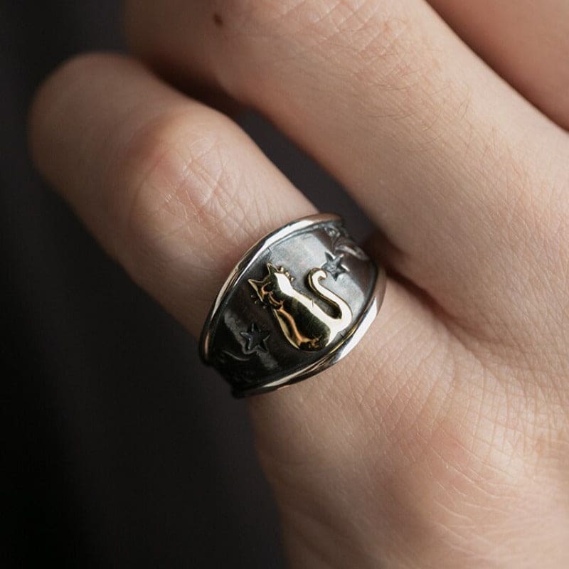 Vintage Feline Sterling Silver Adjustable Cat Ring for Cat Lovers-Adjustable Cat Ring-4-Colydia