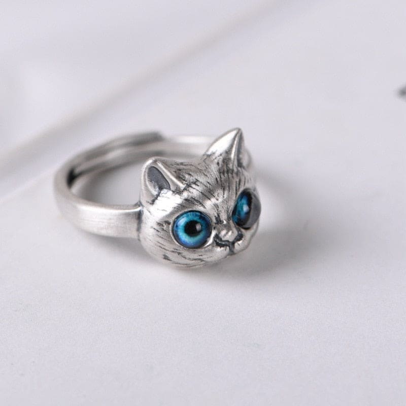 Sterling Silver Cat Head Ring with Blue Resin Eyes - Adjustable Size-Cat Head Ring-5-Colydia