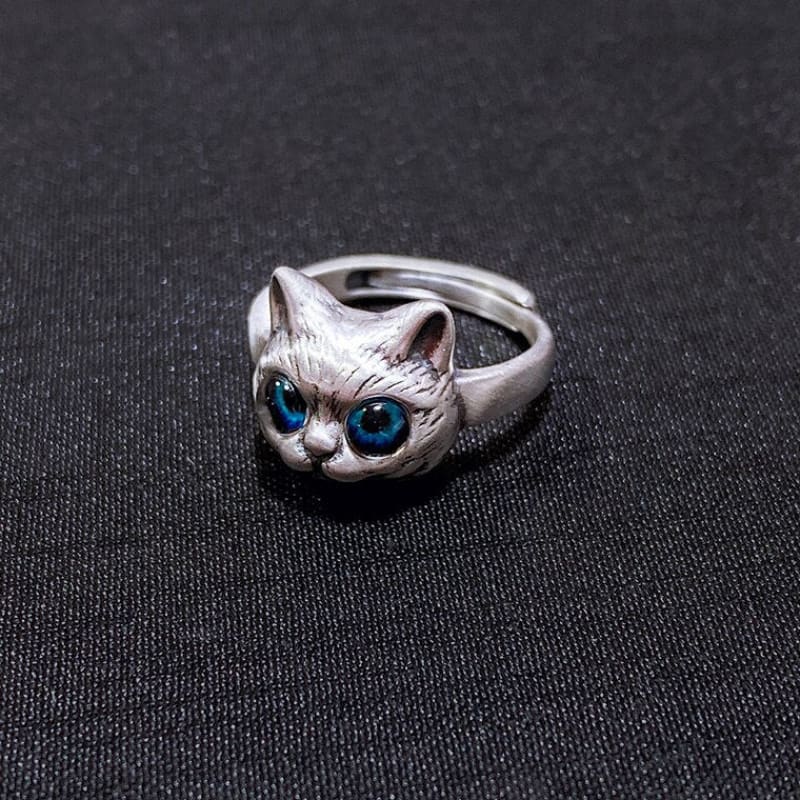 Sterling Silver Cat Head Ring with Blue Resin Eyes - Adjustable Size-Cat Head Ring-8-Colydia