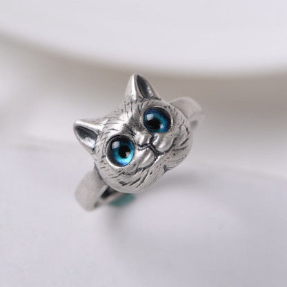 Sterling Silver Cat Head Ring with Blue Resin Eyes - Adjustable Size-Cat Head Ring-1-Colydia