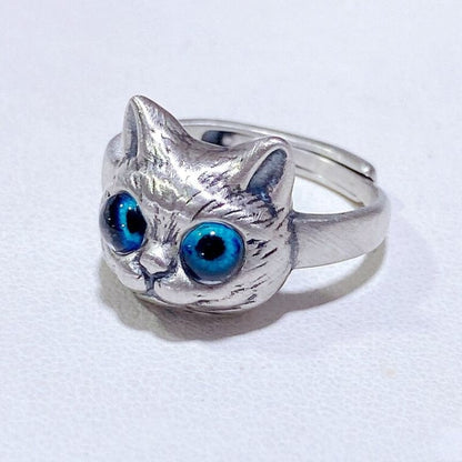 Sterling Silver Cat Head Ring with Blue Resin Eyes - Adjustable Size-Cat Head Ring-3-Colydia