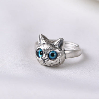 Sterling Silver Cat Head Ring with Blue Resin Eyes - Adjustable Size-Cat Head Ring-7-Colydia