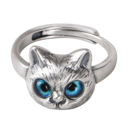 Sterling Silver Cat Head Ring with Blue Resin Eyes - Adjustable Size-Cat Head Ring-2-Colydia