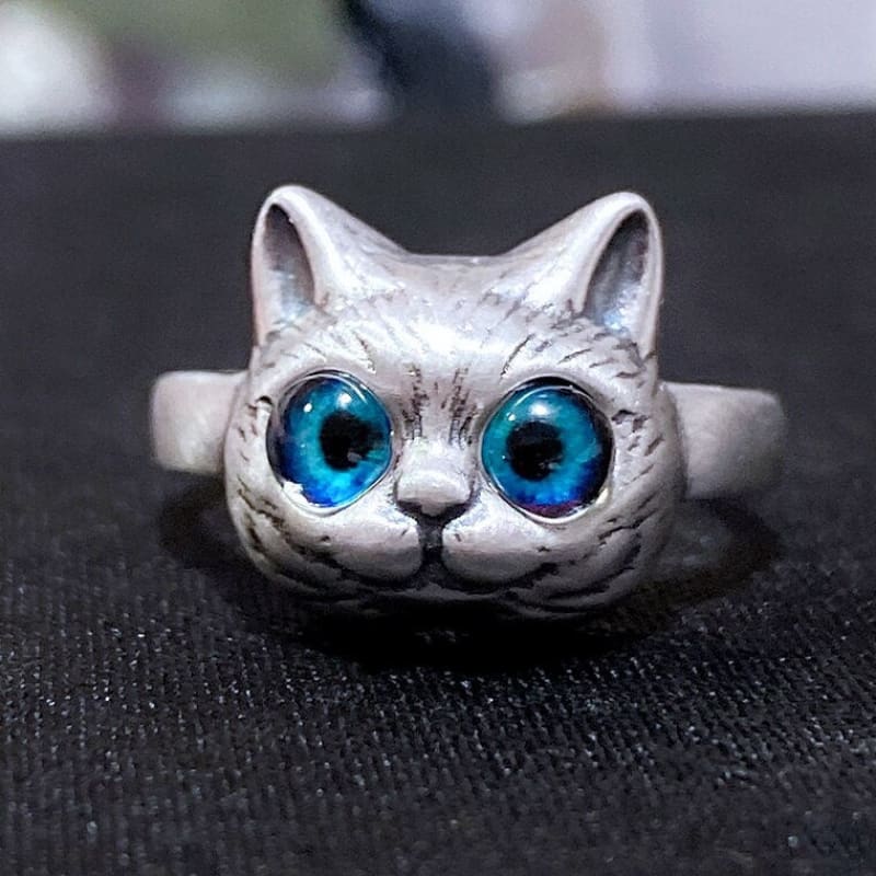 Sterling Silver Cat Head Ring with Blue Resin Eyes - Adjustable Size-Cat Head Ring-4-Colydia