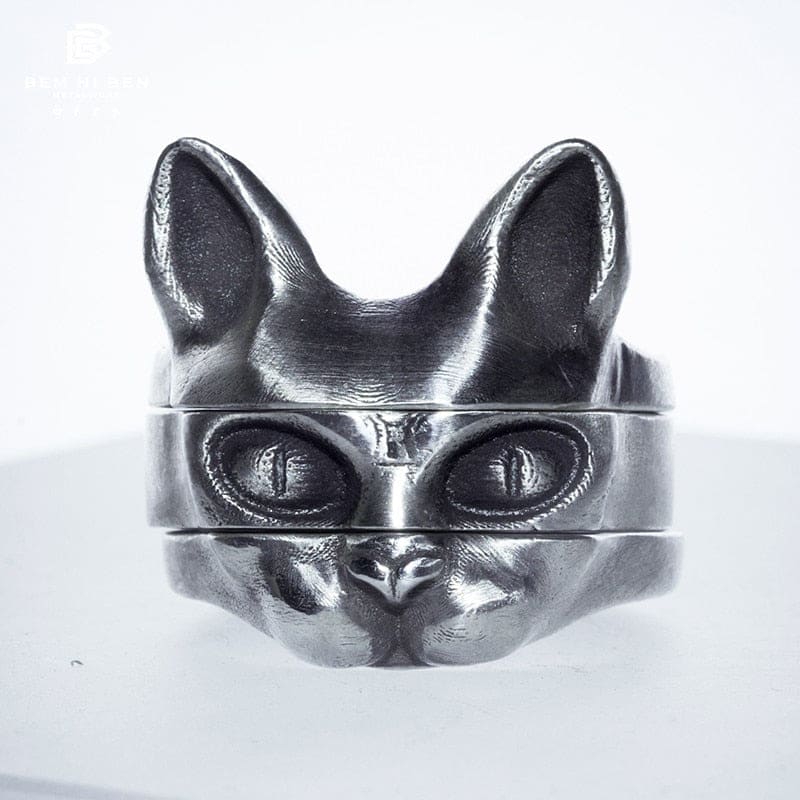 Three-Piece Cat Head Ring Set | Unique Hypoallergenic Jewelry-Cat Jewelry Set-2-Colydia