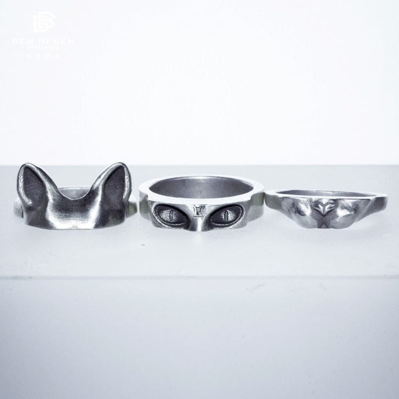 Three-Piece Cat Head Ring Set | Unique Hypoallergenic Jewelry-Cat Jewelry Set-4-Colydia