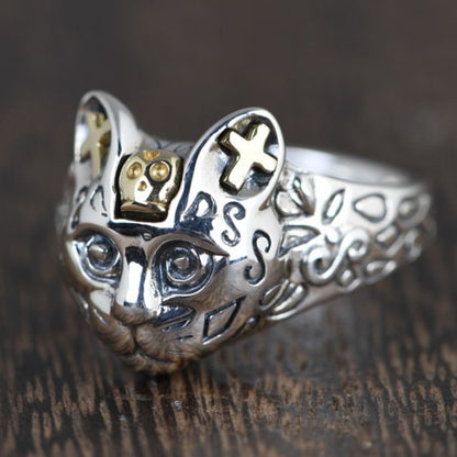 Gothic Silver Cat Skull Ring with Golden Accents - Adjustable Size-Gothic Cat Skull Ring-2-Colydia