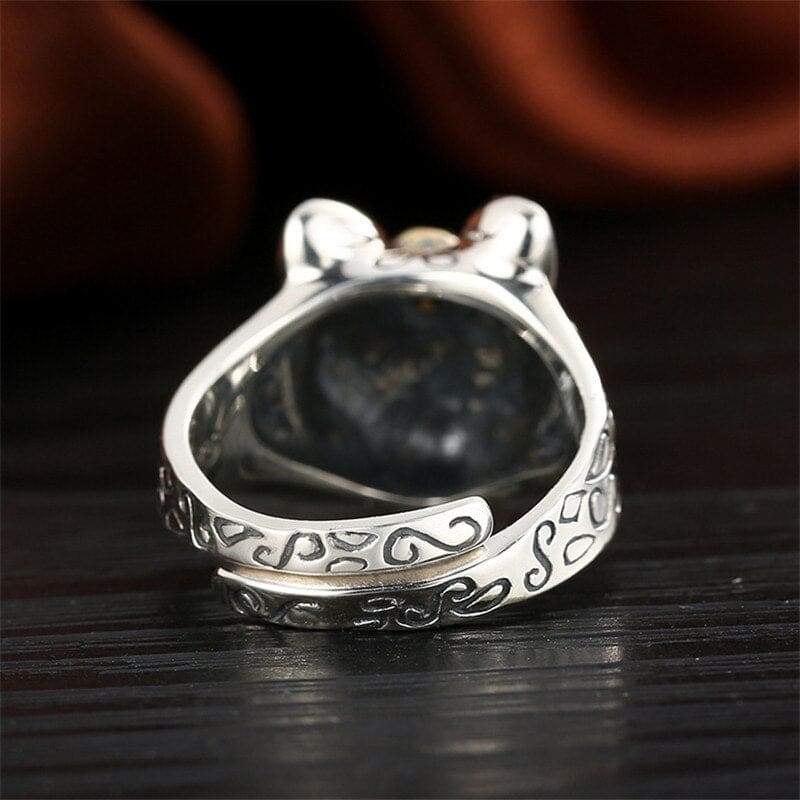 Gothic Silver Cat Skull Ring with Golden Accents - Adjustable Size-Gothic Cat Skull Ring-6-Colydia