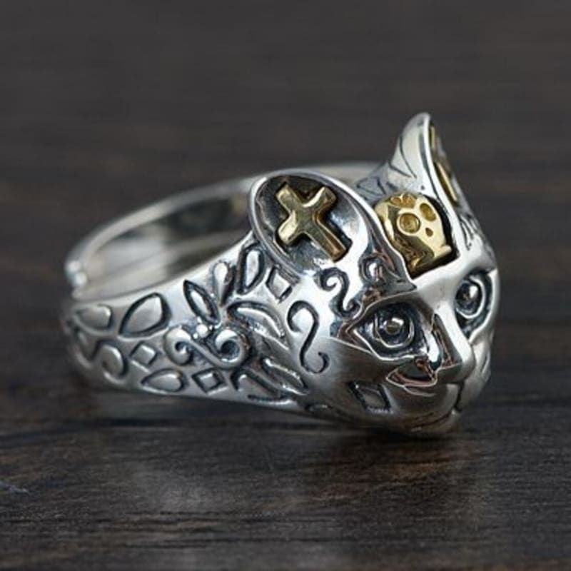 Gothic Silver Cat Skull Ring with Golden Accents - Adjustable Size-Gothic Cat Skull Ring-3-Colydia