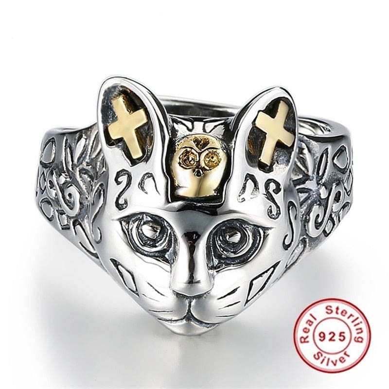 Gothic Silver Cat Skull Ring with Golden Accents - Adjustable Size-Gothic Cat Skull Ring-1-Colydia