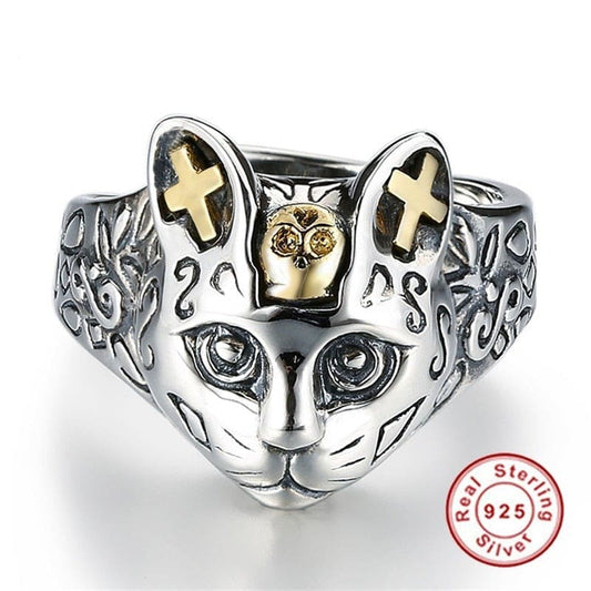 Gothic Silver Cat Skull Ring with Golden Accents - Adjustable Size-Gothic Cat Skull Ring-1-Colydia