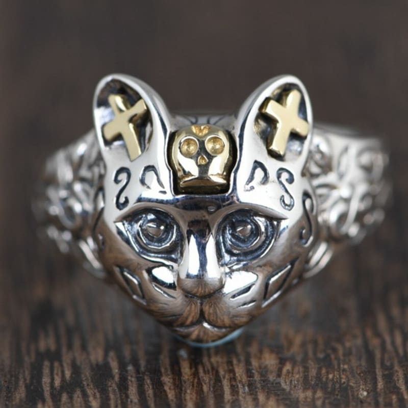 Gothic Silver Cat Skull Ring with Golden Accents - Adjustable Size-Gothic Cat Skull Ring-4-Colydia