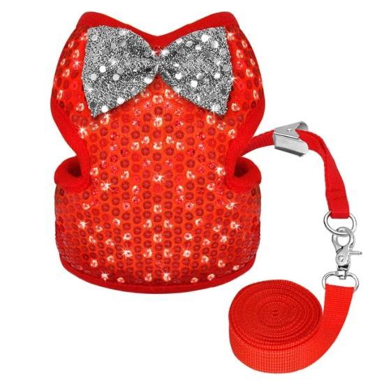 Glamorous Sequined Pet Harness & Lead with Quick-Release Buckle-Pet Harness Set-Red-S-3-Colydia