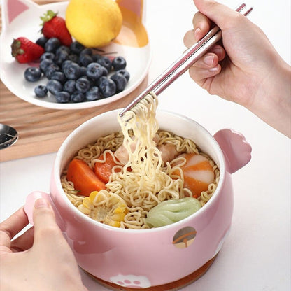 Delightful Kawaii Cat Noodle Bowl – Ceramic Set with Utensils-Ceramic Noodle Bowl Set-2-Colydia