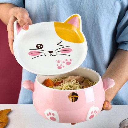 Delightful Kawaii Cat Noodle Bowl – Ceramic Set with Utensils-Ceramic Noodle Bowl Set-1-Colydia