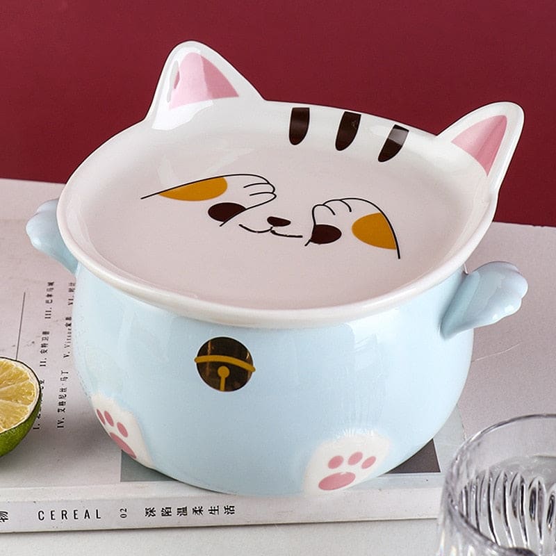 Delightful Kawaii Cat Noodle Bowl – Ceramic Set with Utensils-Ceramic Noodle Bowl Set-Blue Cat-3-Colydia