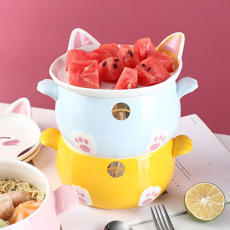 Delightful Kawaii Cat Noodle Bowl – Ceramic Set with Utensils-Ceramic Noodle Bowl Set-7-Colydia