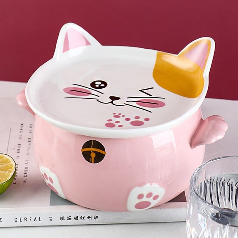 Delightful Kawaii Cat Noodle Bowl – Ceramic Set with Utensils-Ceramic Noodle Bowl Set-Pink Cat-5-Colydia