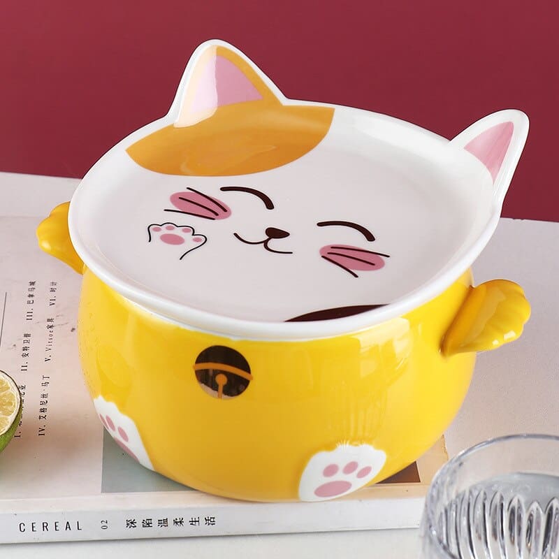 Delightful Kawaii Cat Noodle Bowl – Ceramic Set with Utensils-Ceramic Noodle Bowl Set-Yellow Cat-4-Colydia