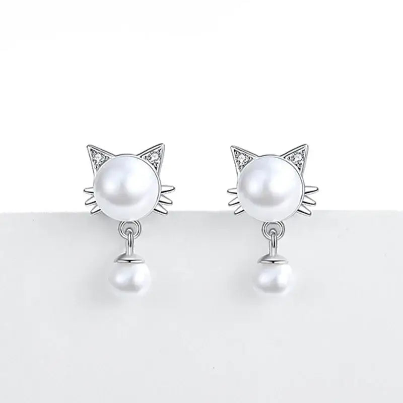 Silver Cat Earrings with Freshwater Pearls & Cubic Zirconia Sparkle-Earrings-5-Colydia