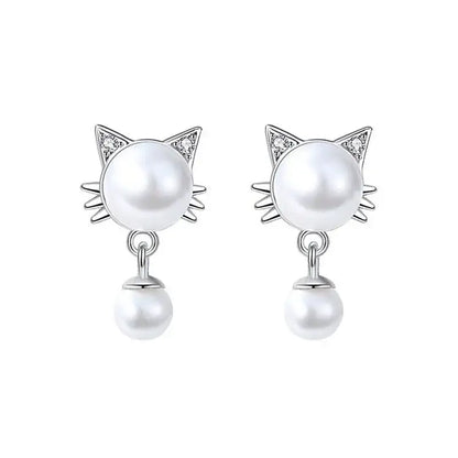 Silver Cat Earrings with Freshwater Pearls & Cubic Zirconia Sparkle-Earrings-1-Colydia