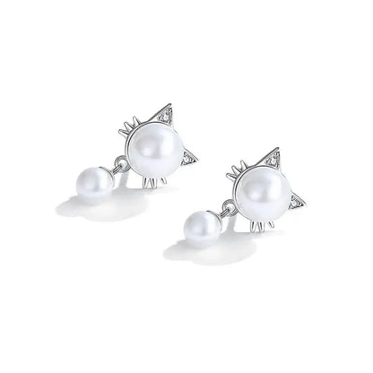 Silver Cat Earrings with Freshwater Pearls & Cubic Zirconia Sparkle-Earrings-3-Colydia