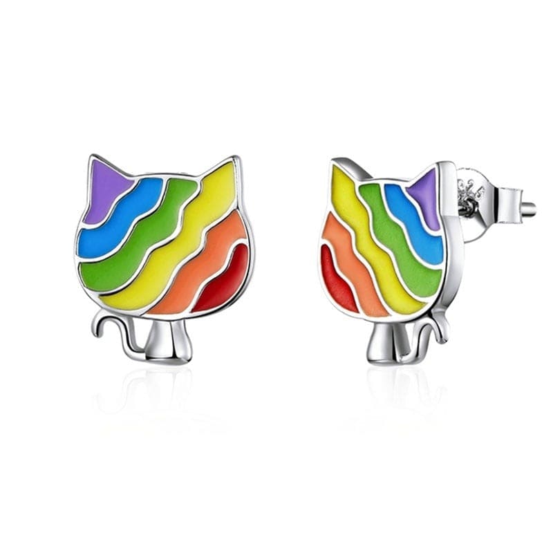 Colorful 925 Silver Cat Earrings with Rainbow Enamel Finish-Earrings-1-Colydia