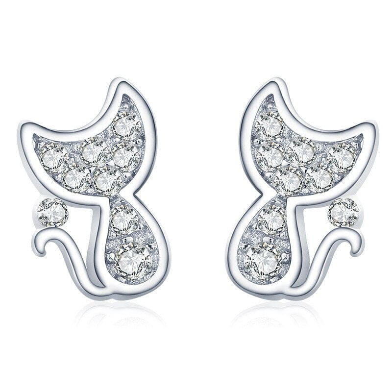 Elegant Silver Cat Earrings with Zircon Sparkle - Lightweight Design-Jewelry-1-Colydia