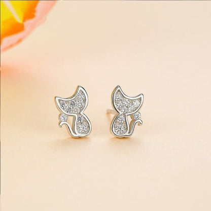 Elegant Silver Cat Earrings with Zircon Sparkle - Lightweight Design-Jewelry-5-Colydia