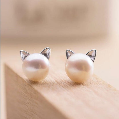 Sterling Silver Cat Pearl Earrings - Hypoallergenic & Elegant-Earrings-1-Colydia