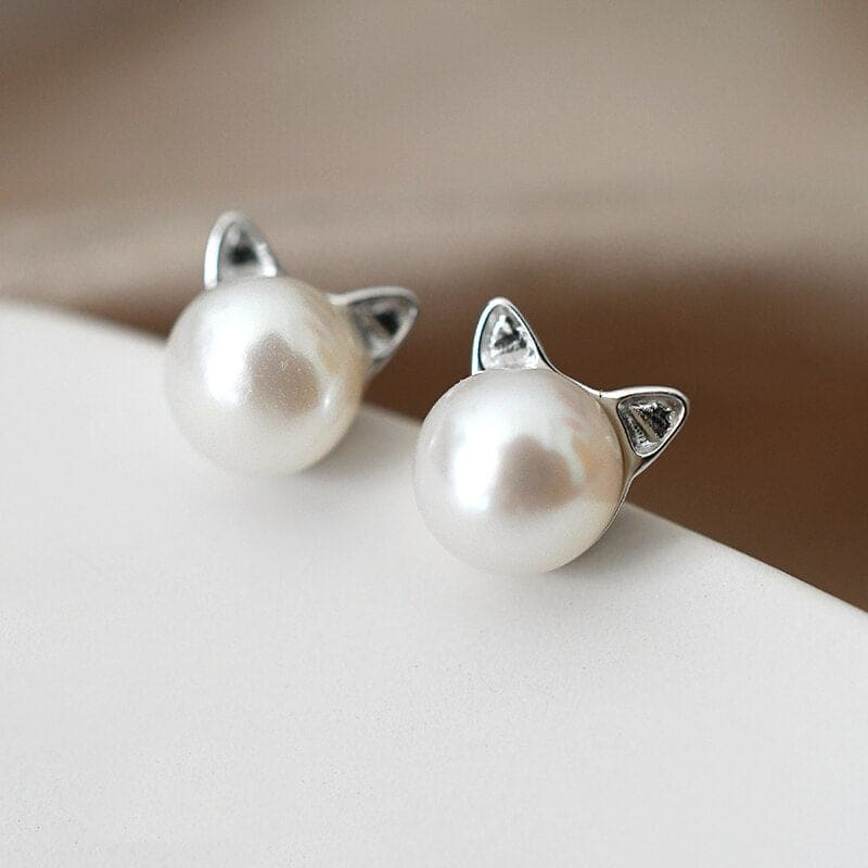 Sterling Silver Cat Pearl Earrings - Hypoallergenic & Elegant-Earrings-2-Colydia