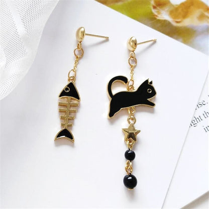 Elegant Cat and Fishbone Earrings - Chic Zinc Alloy Accessory-Earrings-Black-1-Colydia