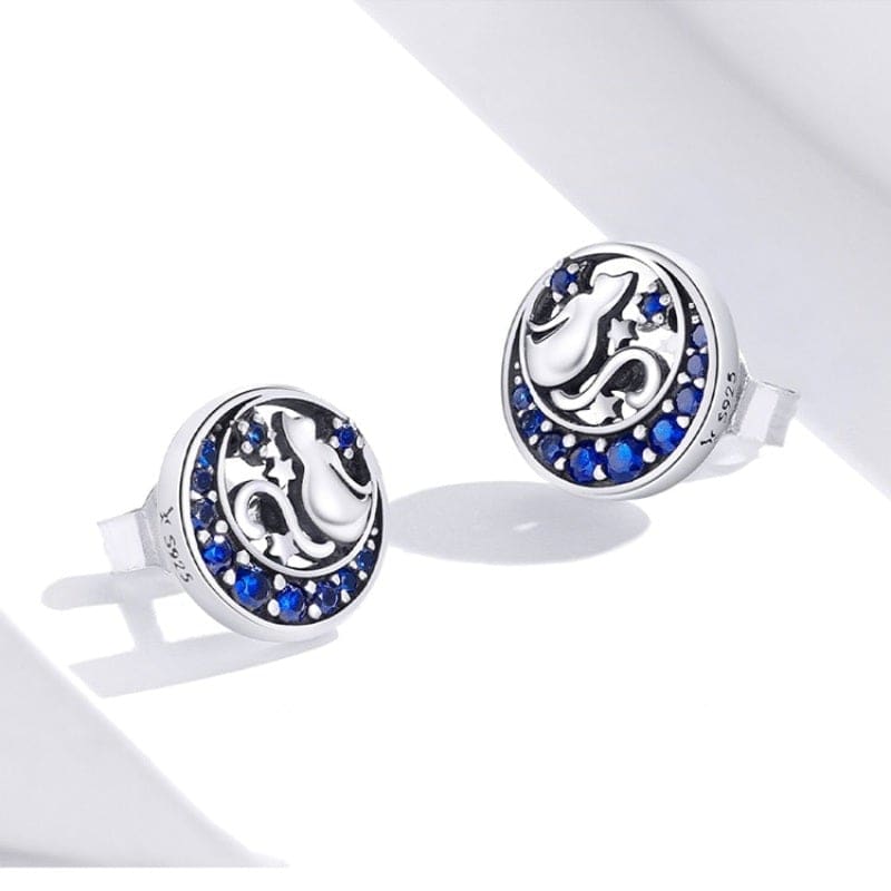 Sterling Silver Cat Earrings on Blue Crescent Moon with Zircon Stones-Earrings-4-Colydia