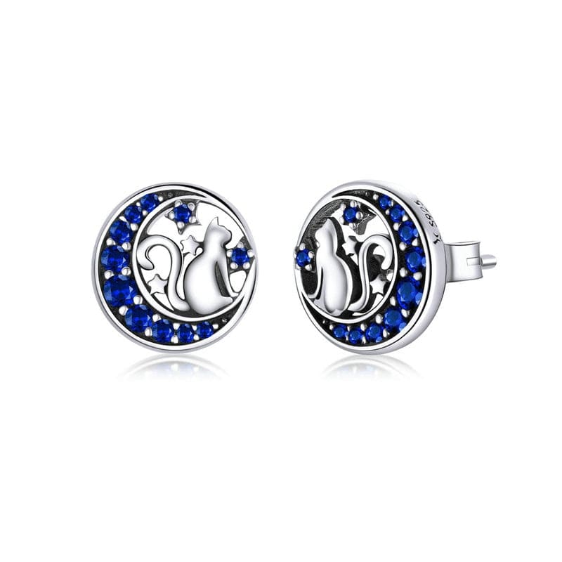 Sterling Silver Cat Earrings on Blue Crescent Moon with Zircon Stones-Earrings-1-Colydia